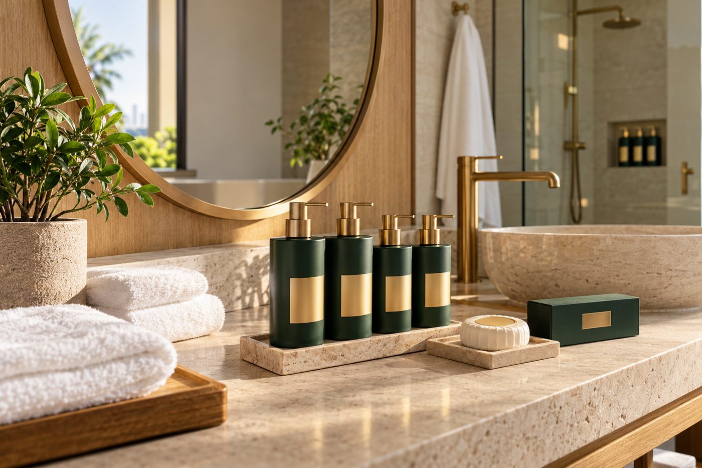 Hotel bathroom vanity with guest amenities